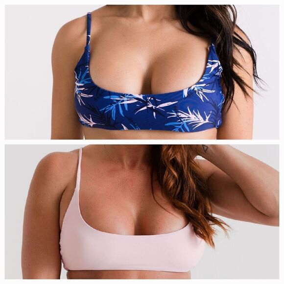 NWT: 2/$12 Scoop Bikini Tops in Blue Palm and Light Pink in Large - Picture 1 of 16